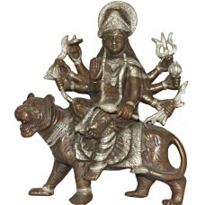 Durga (Devi/Shakti) - Principal form of the Goddess, also known as Devi and Shakti. Best quality statue hand work in Nepal Silver and Brown Mixed Color - Medium Size