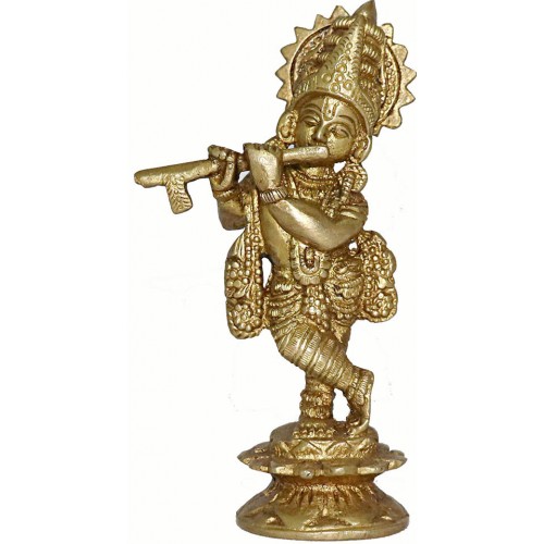 KRISHNA (Standing Krishna With Flute), Best quality statue hand work in Nepal by Master Artist. Shiny Yellow (Golden) Color - Extra Small Size