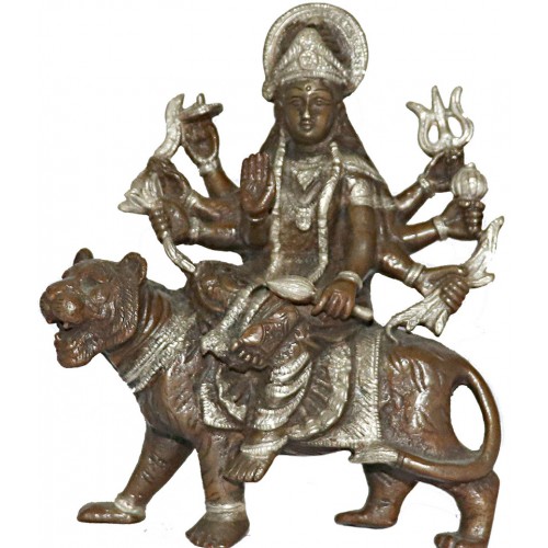 Durga (Devi/Shakti) - Principal form of the Goddess, also known as Devi and Shakti. Best quality statue hand work in Nepal Silver and Brown Mixed Color - Medium Size