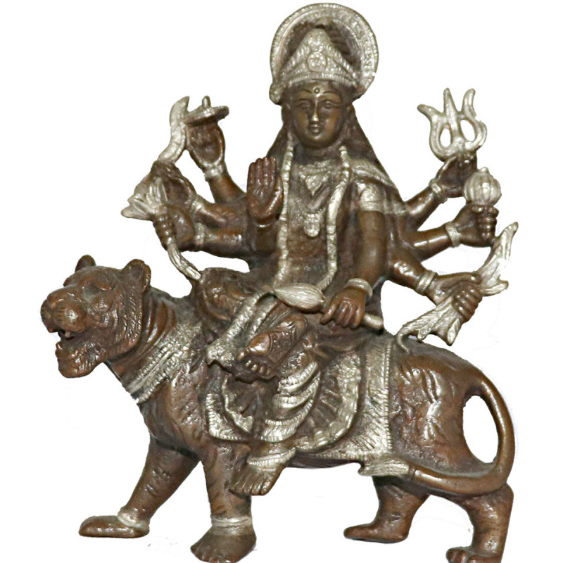 Durga (Devi/Shakti) - Principal form of the Goddess, also known as Devi and Shakti. Best quality statue hand work in Nepal Silver and Brown Mixed Color - Medium Size