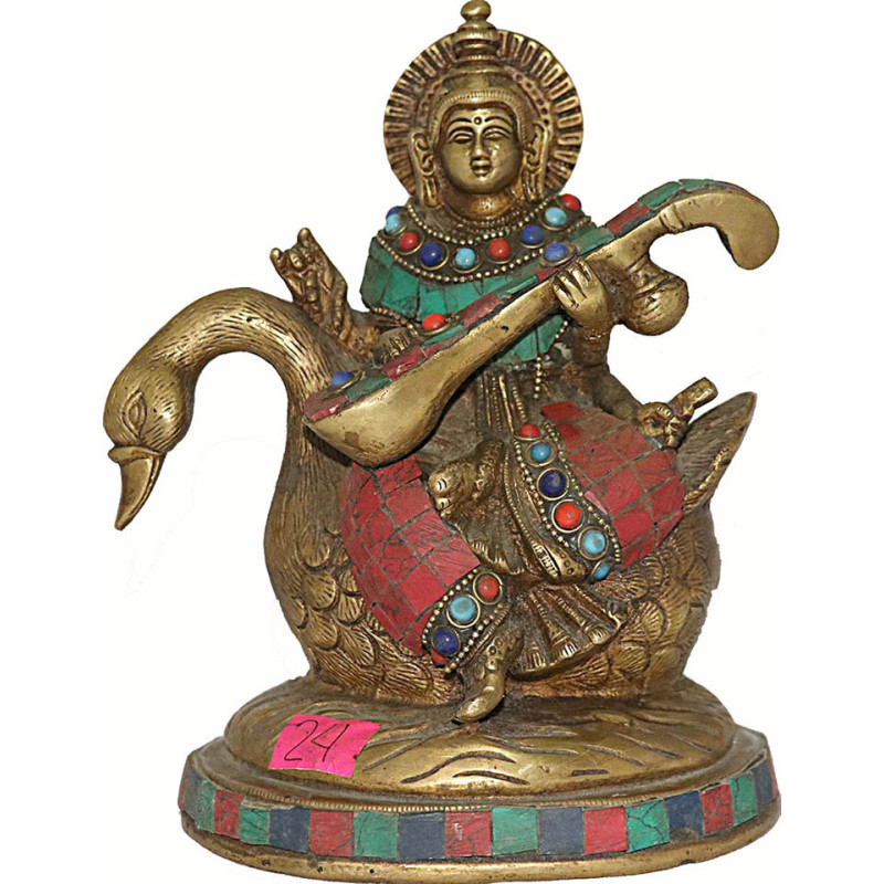SARASHOWTI with stone and green metal, Best quality statue hand work in Nepal by Master Artist. Green, Red, Blue and Dim Yellow Mixed Color - Medium Size