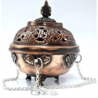 Natural Herbal Incense Burner (mixed raw powder, small pieces burning) hanging, Bronz with fine decoration - Small Size Natural Herbal Incense Burner (mixed raw powder, small pieces burning) hanging, Bronz with fine decoration - Small Size