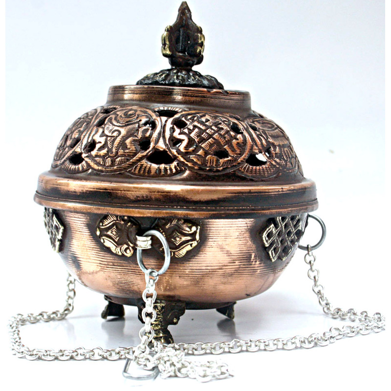 Natural Herbal Incense Burner (mixed raw powder, small pieces burning) hanging, Bronz with fine decoration - Small Size