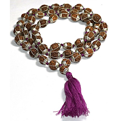 5 Faces Mala very Speical Designed (knotted and white metal plating)  (54 Beads  with 1 pcs guru beads) - Large size (12 mm)