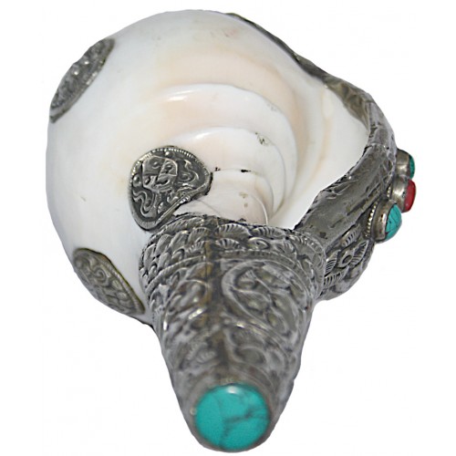 Metal Conch Shell(SHANKHA), powerful ancient healing (therapeutic) instrument, Hand work, Beautiful Design, White Color - Small Size