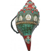 Conch Shell, powerful ancient healing (therapeutic) instrument, Hand work Turquoise stone, Five Buddha (PANCHA BUDDHA), Green Color - Medium Size Conch Shell, powerful ancient healing (therapeutic) instrument, Hand work Turquoise stone, Five Buddha (PANCHA BUDDHA), Green Color - Medium Size