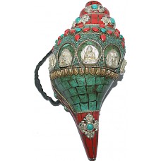 Conch Shell, powerful ancient healing (therapeutic) instrument, Hand work Turquoise stone, Five Buddha (PANCHA BUDDHA), Green Color - Medium Size (25.5*12.5*10 cm, 10.03*4.9*3.9 inch)