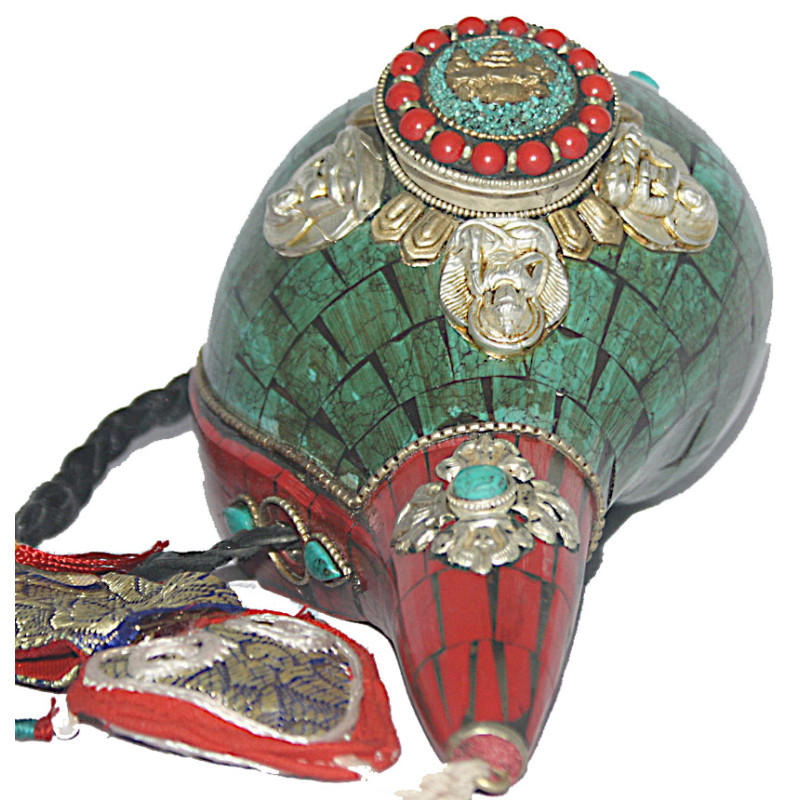 Conch Shell, powerful ancient healing (therapeutic) instrument, Hand work, Turquoise stone, Single Buddha, Green Color - Medium Size