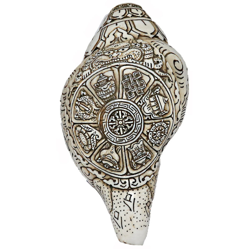 Eight Auspisious Carving Conch Shell(SANKHA), powerful ancient healing (therapeutic) instrument, Hand work, White Color - Medium Size